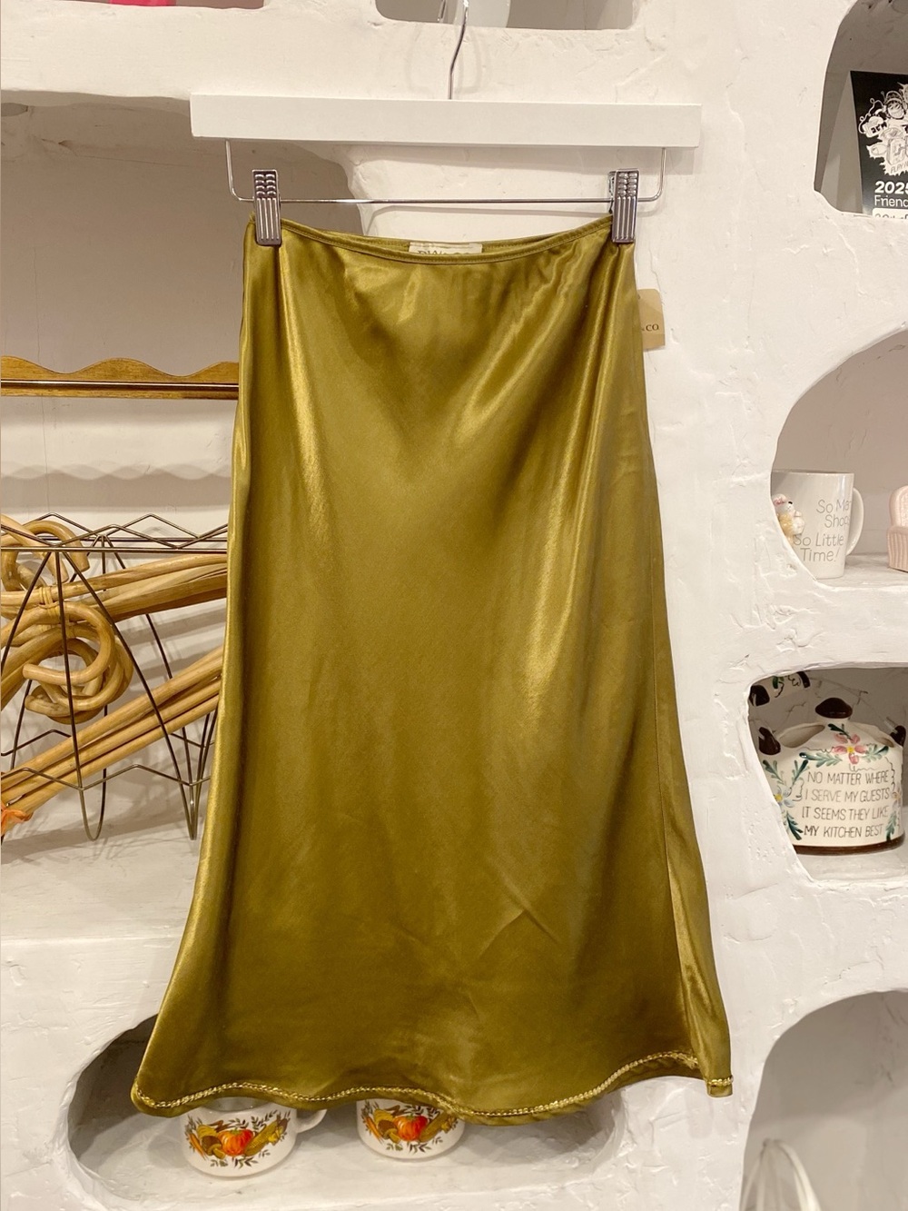 As Is Y2K Golden Olive Green Satin Midi Skirt with Sequin Trim on Hem